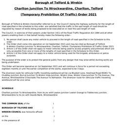 Temporary road closure along Charlton Junction To Wrockwardine, Charlton