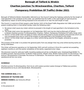  - Temporary road closure along Charlton Junction To Wrockwardine, Charlton